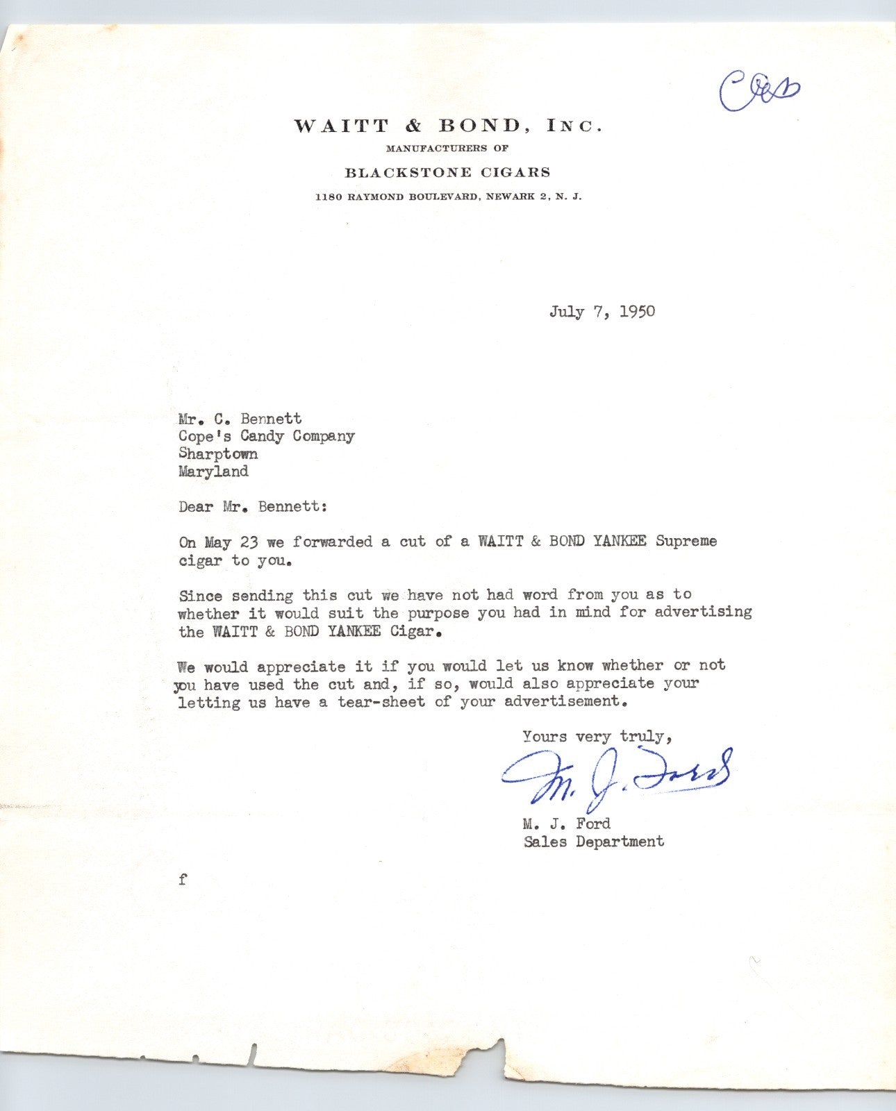 Newark New Jersey Waitt Bond Blackstone Cigars 1950 corporate letterhead