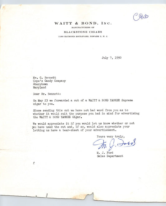 Newark New Jersey Waitt Bond Blackstone Cigars 1950 corporate letterhead