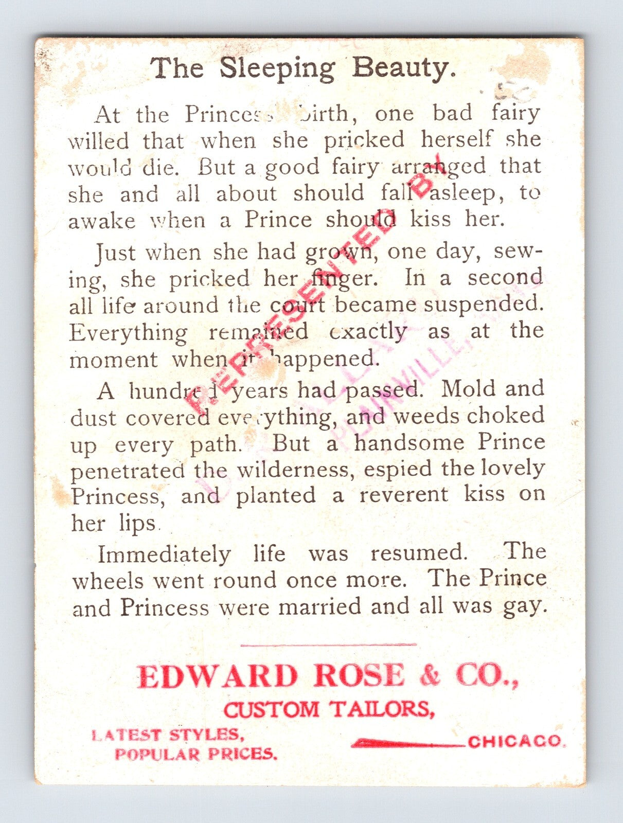 Sleeping Beauty 1890s Victorian Trade Card Edward Rose Chicago Tailor 3 x 4