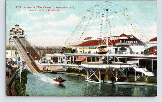 San Francisco California Chutes amusement park scenic railway water ride boats 1910s postcard