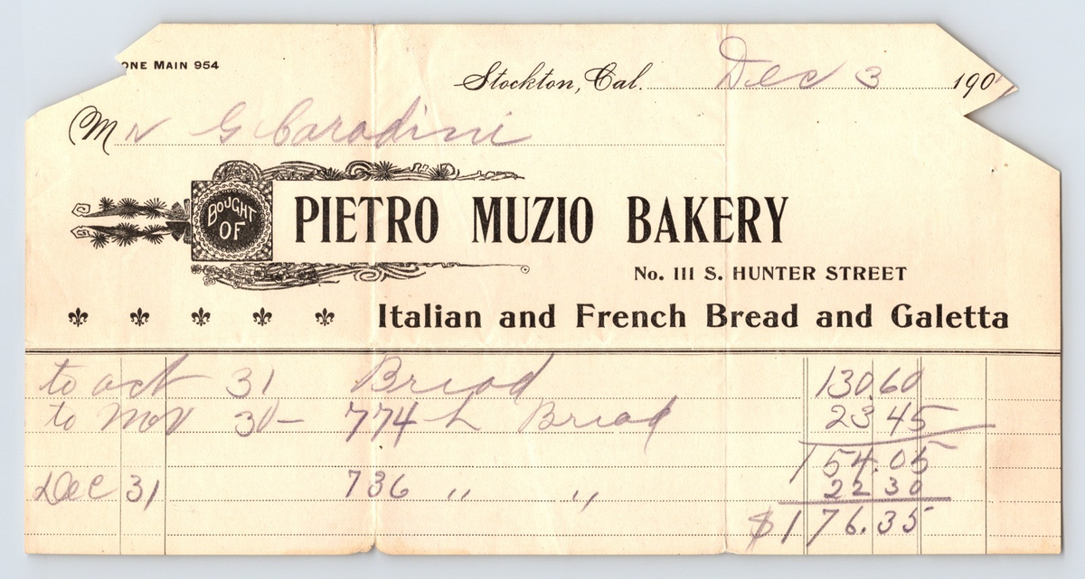 Stockton California 1907 Pietro Muzio Bakery Billhead Receipt 8 x 4