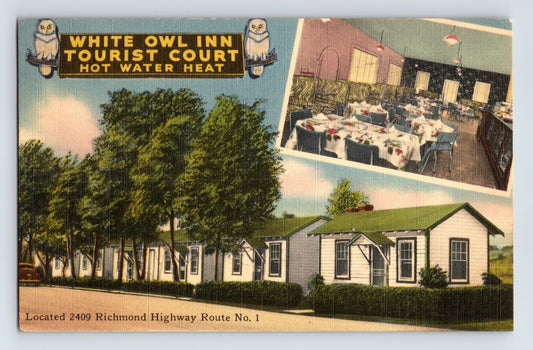 Alexandria Virginia White Owl Tourist Court motel cottages dining room linen postcard