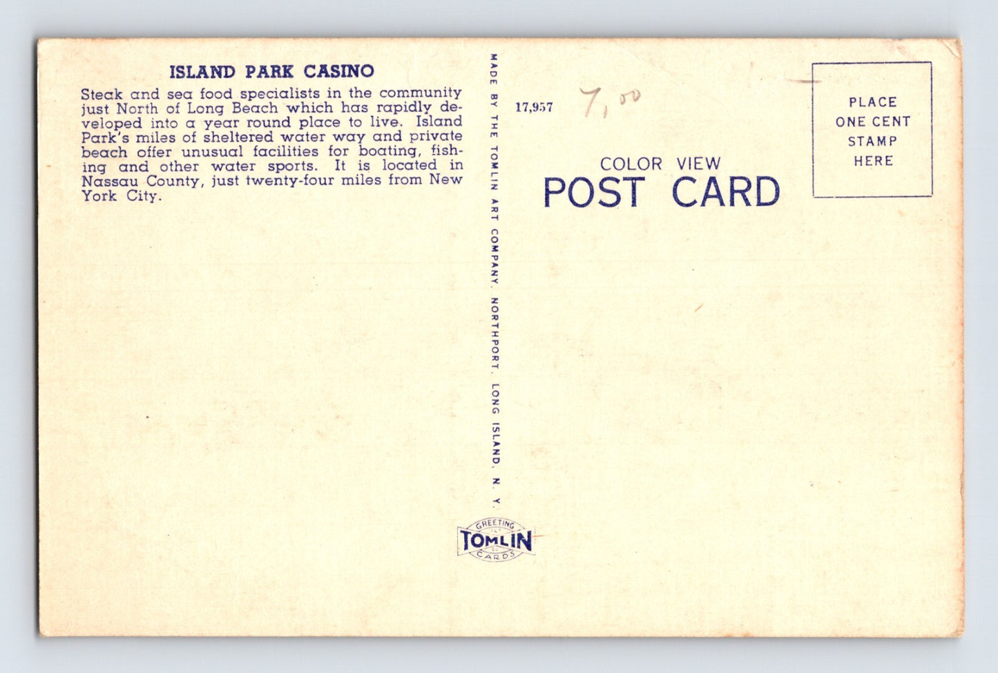 Long Island New York Island Park Casino 1940s Postcard Unposted Linen