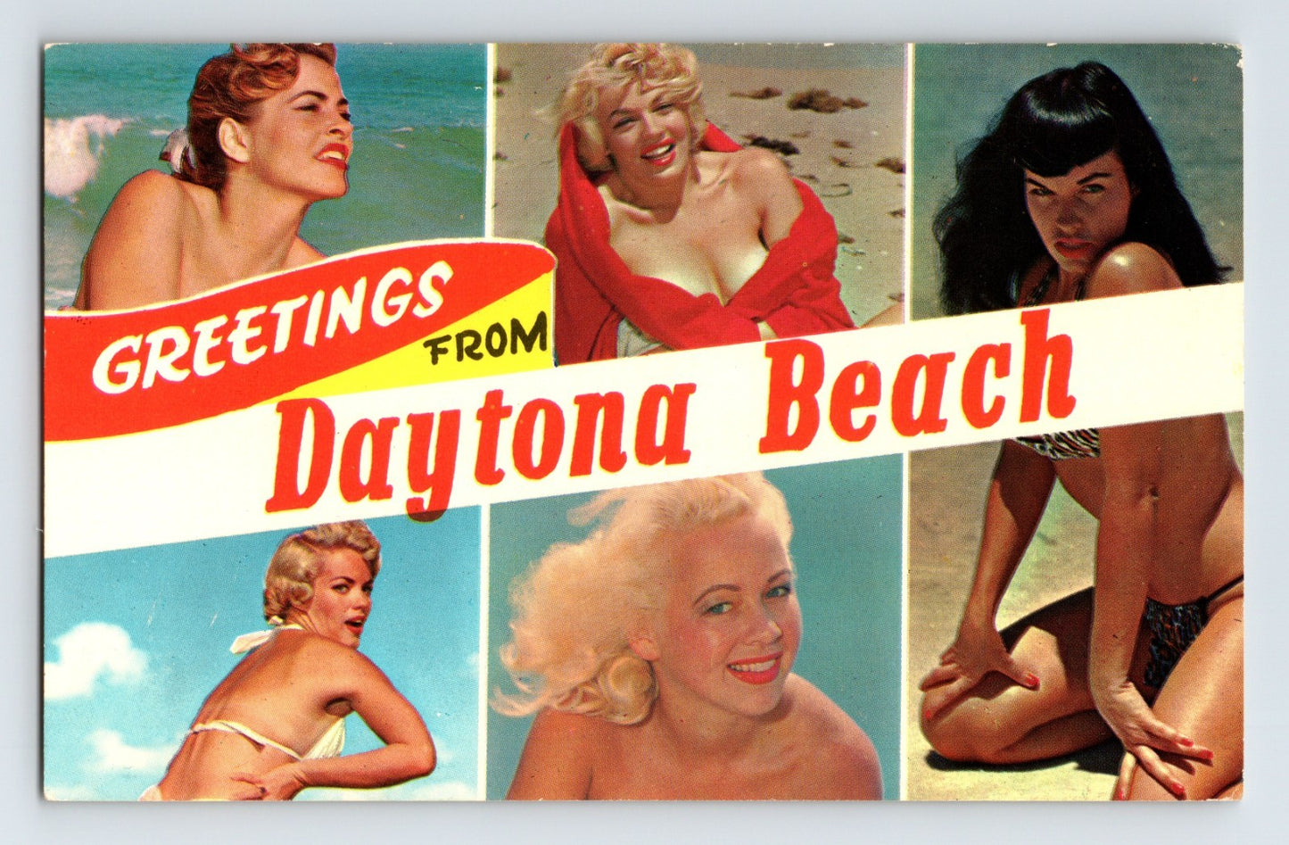 Vintage-style greeting card with women on a beach and 'Greetings from Daytona Beach' text.