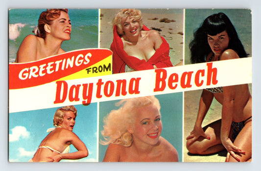 Vintage-style greeting card with women on a beach and 'Greetings from Daytona Beach' text.