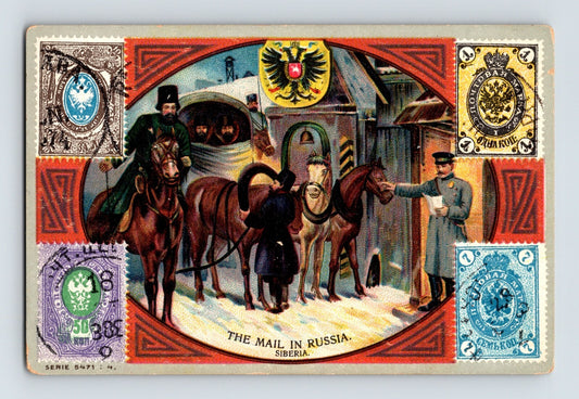 Russia Siberia The Mail in Russia 1910s postage stamp trade card