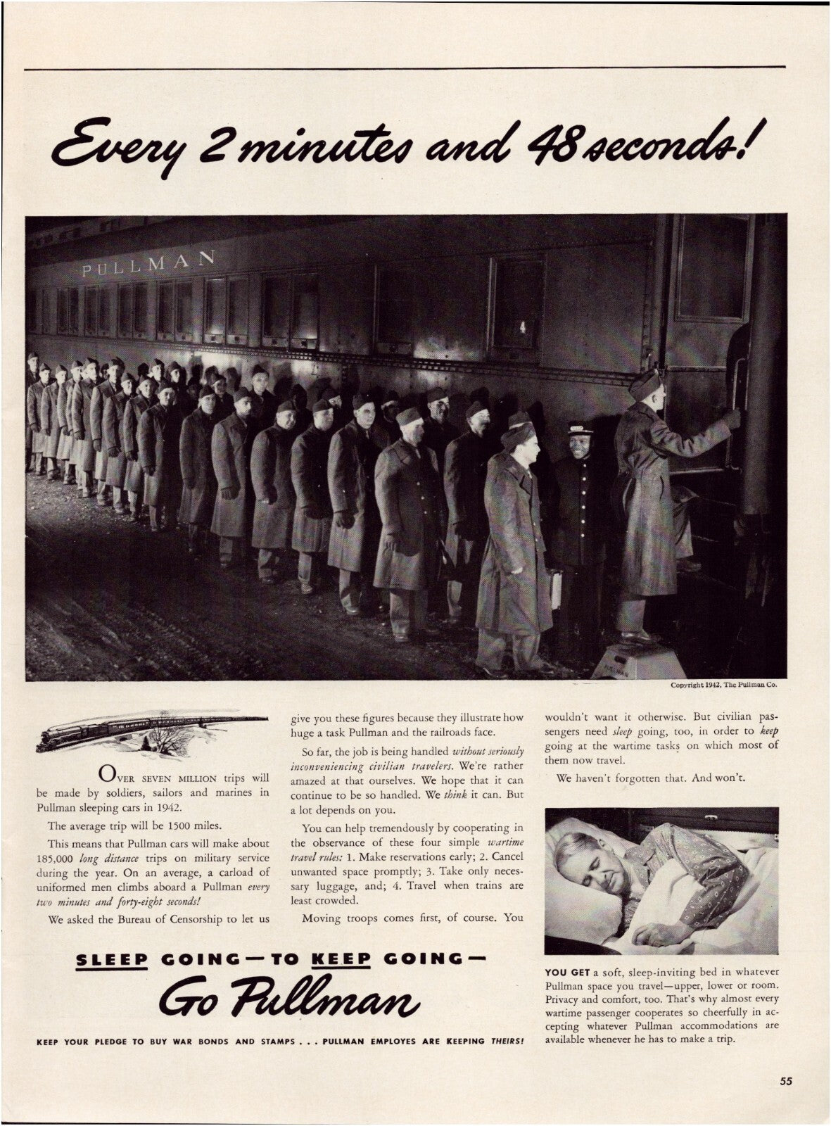 Pullman railroad sleeper car passengers boarding line 1942 black and white print ad