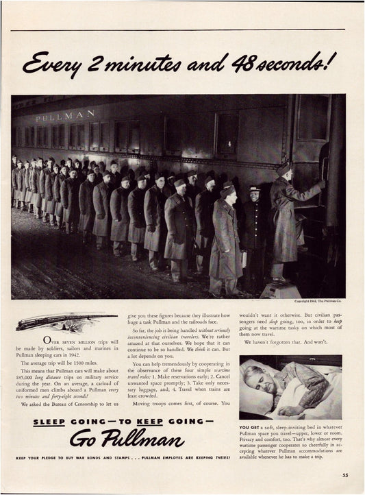 Pullman railroad sleeper car passengers boarding line 1942 black and white print ad