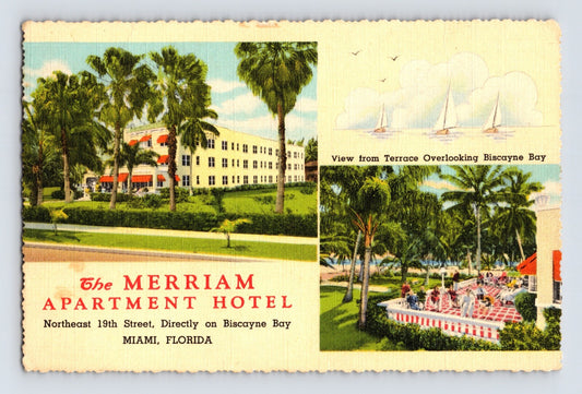 Miami Florida Merriam Apartment Hotel Biscayne Bay linen postcard palm trees terrace view
