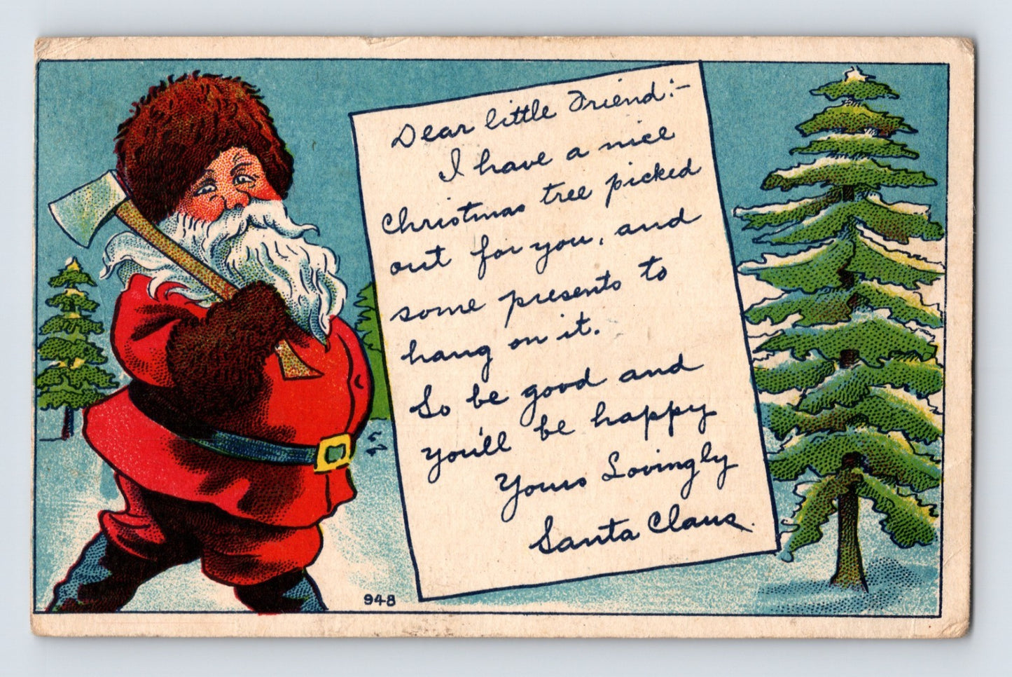 Santa Claus with axe beside snowy pine trees and handwritten letter Christmas postcard.