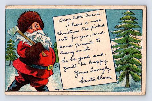 Santa Claus with axe beside snowy pine trees and handwritten letter Christmas postcard.