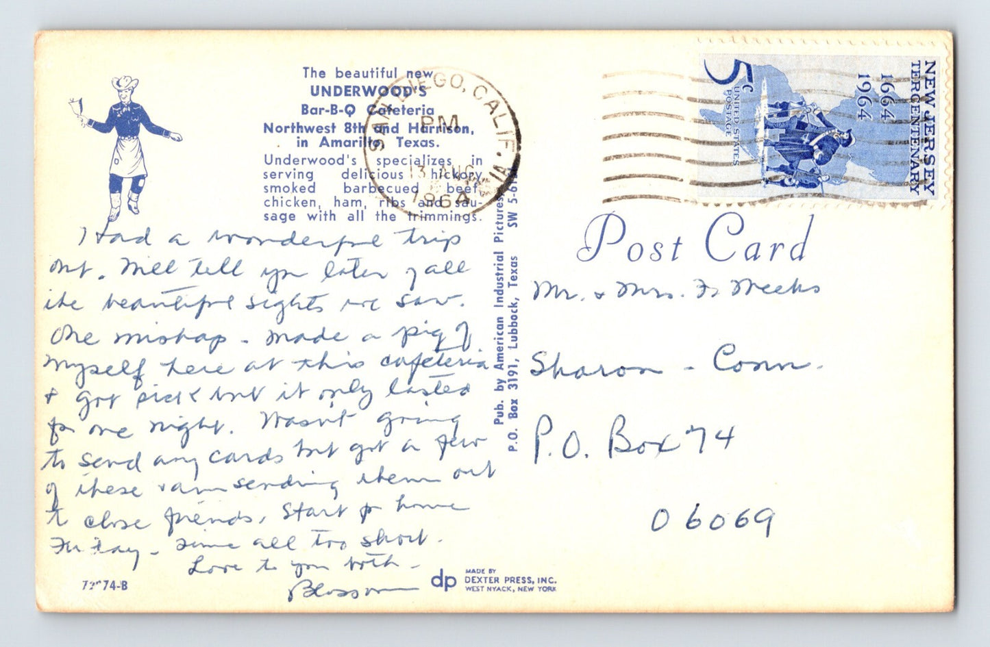 Amarillo Texas Underwood Bar-B-Q Cafeteria Restaurant 1964 Postcard Posted