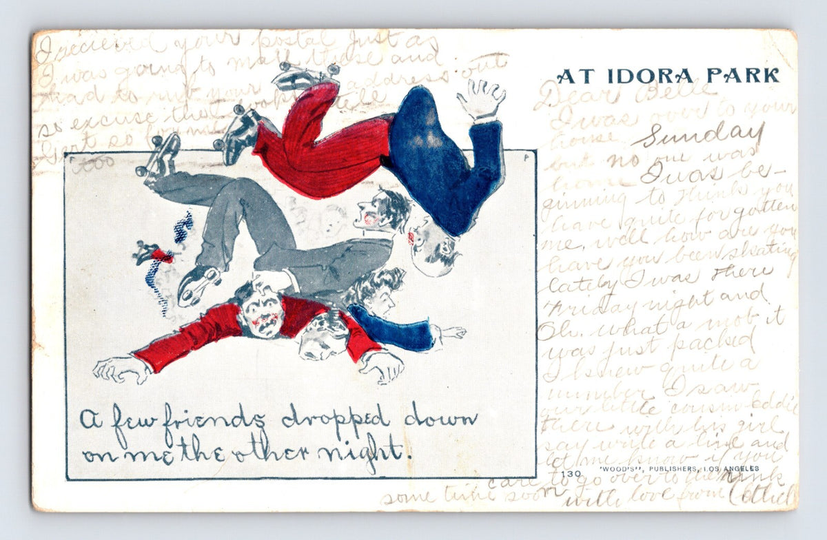Idora Park Oakland California postcard showing humorous roller skating illustration with fallen skaters 1906