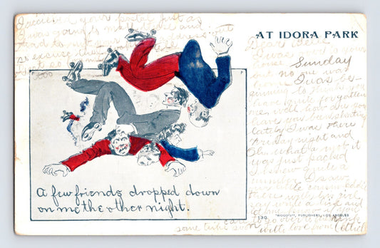 Idora Park Oakland California postcard showing humorous roller skating illustration with fallen skaters 1906