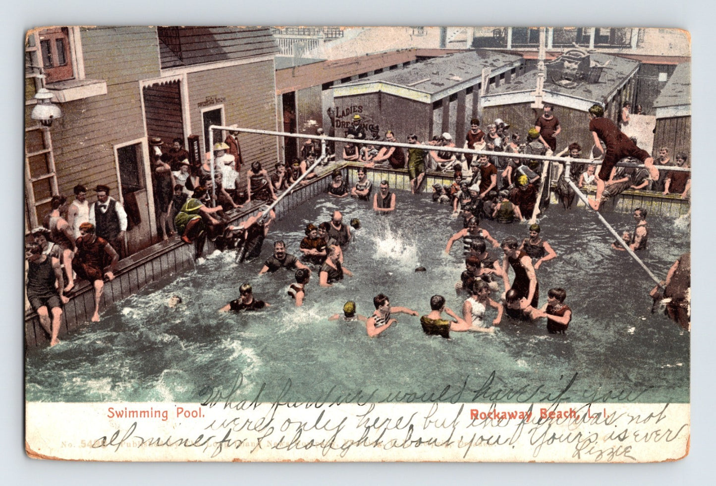 Rockaway Long Island New York swimming pool bathers 1905 postcard crowded water scene diving activity