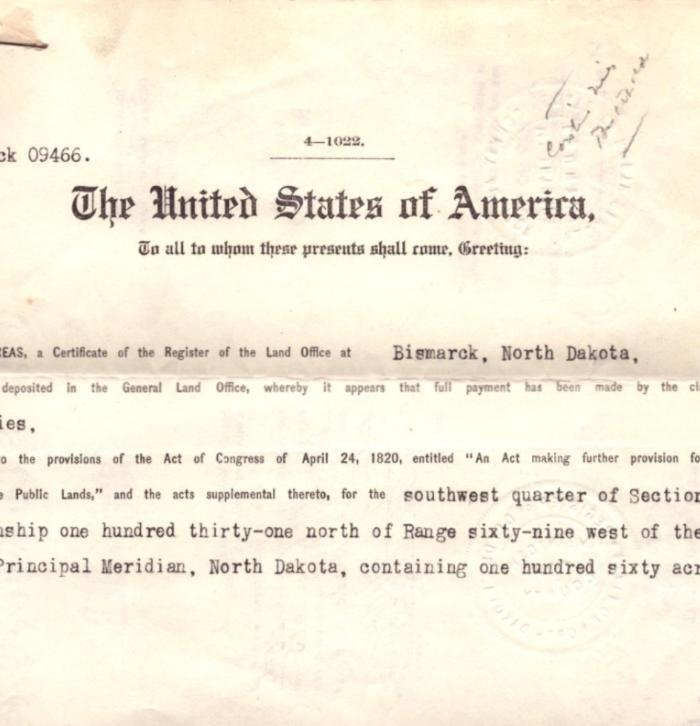 Bismarck South Dakota Woodrow Wilson General Land Office Grant 1915 Embossed