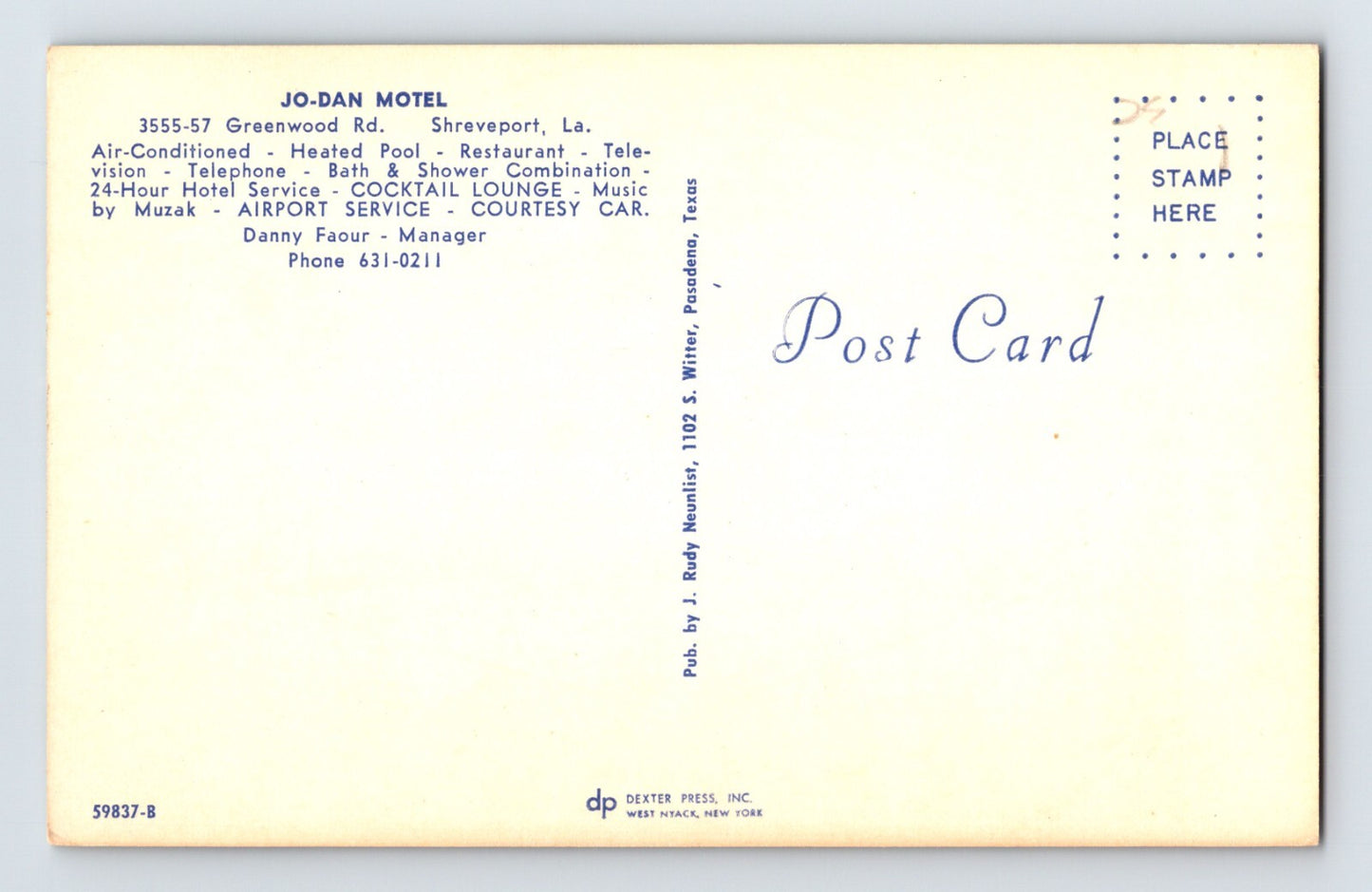Shreveport Louisiana Jo-Dan Motel Pool 1960s Postcard Unposted Chrome