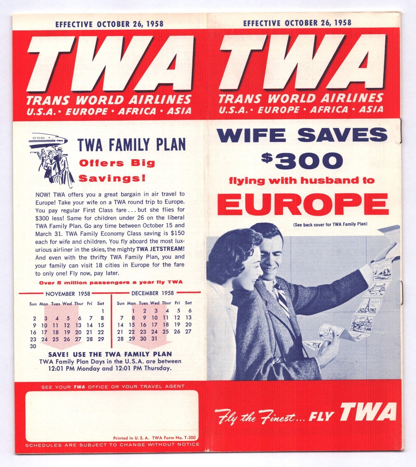 TWA Trans World Airlines 1958 Europe Family Plan system timetable brochure