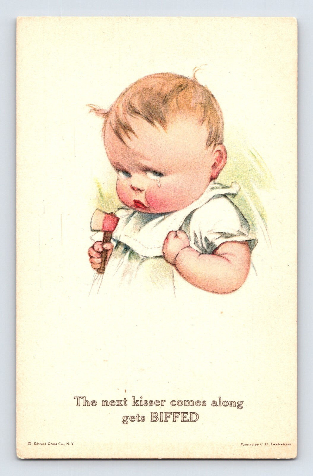 1910s Valentine postcard illustration by Charles Twelvetrees baby holding small hammer with caption The next kisser comes along gets biffed