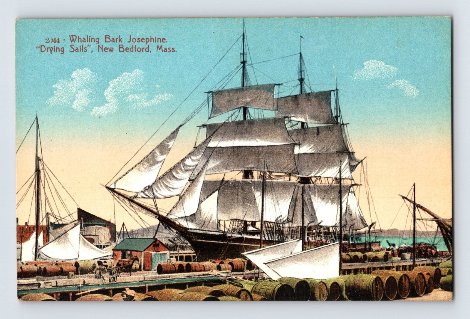 Vintage illustration of a whaling ship docked at a harbor with other ships and cargo.
