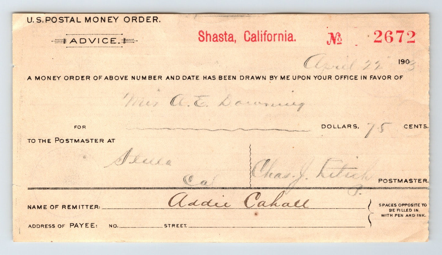 Shasta California postal money order advice 1908 document with handwritten payee and Sierra California destination