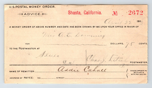 Shasta California postal money order advice 1908 document with handwritten payee and Sierra California destination