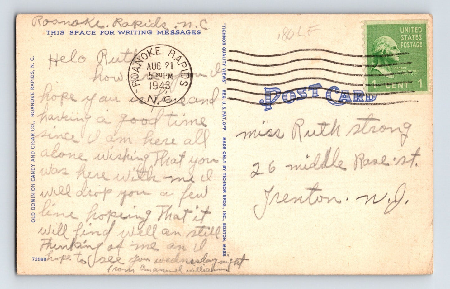 Roanoke Rapids North Carolina Catholic Church 1943 Postcard Posted Linen