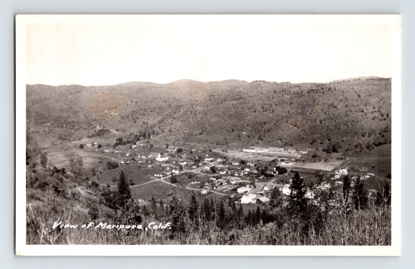 Mariposa California aerial view town landscape foothills 1940s RPPC postcard
