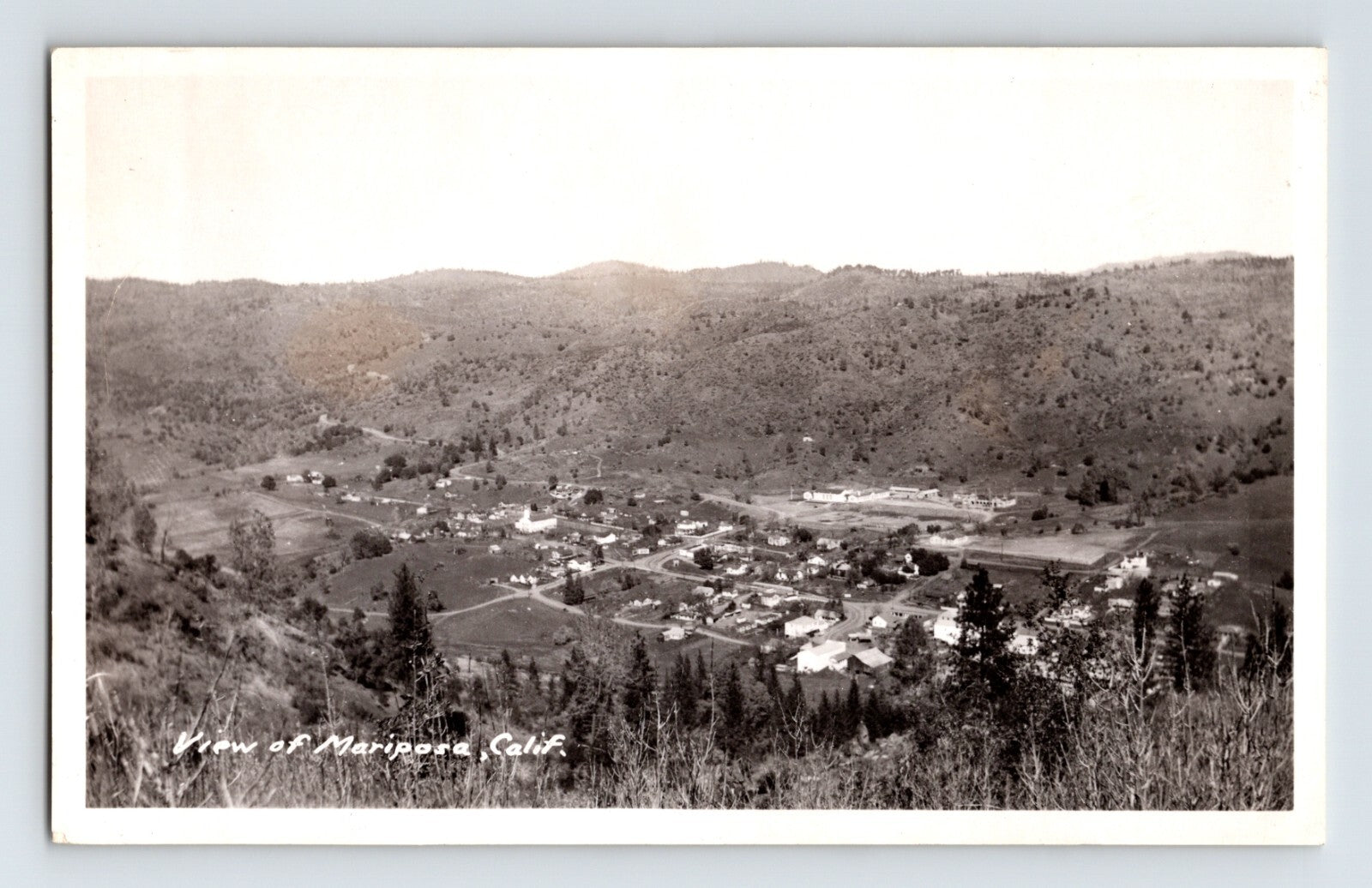 Mariposa California aerial view town landscape foothills 1940s RPPC postcard