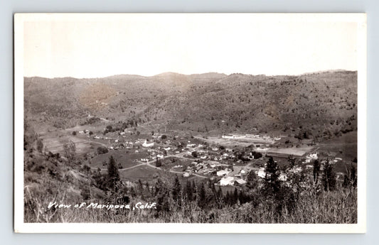 Mariposa California aerial view town landscape foothills 1940s RPPC postcard