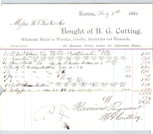Boston Massachusetts 1886 H G Cutting Jeweler Watches Billhead - 8.5 x 7