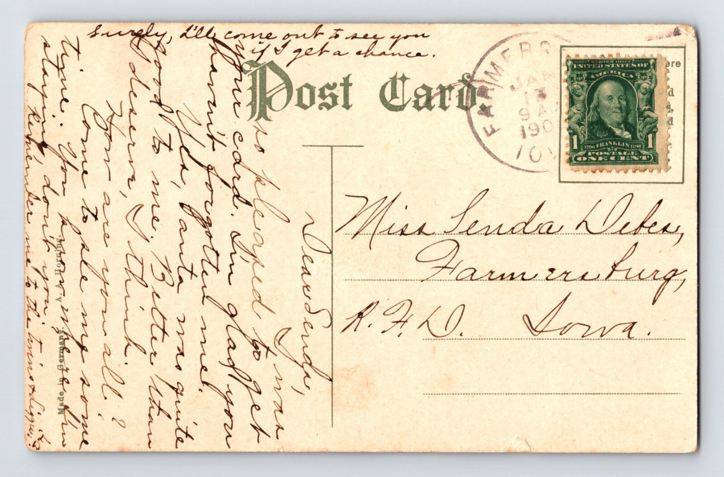 Farmersburg Iowa Main Street 1909 Postcard Posted Divided Back