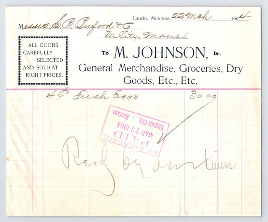 1904 Laurin Montana M Johnson General Merchandise Groceries Dry Goods receipt fresh eggs paid stamp