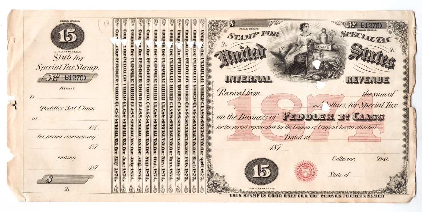 1874 United States Internal Revenue Special Tax stamp for Cigar Tobacco Peddler Third Class, large engraved IRS document with ornate vignette and red overprint