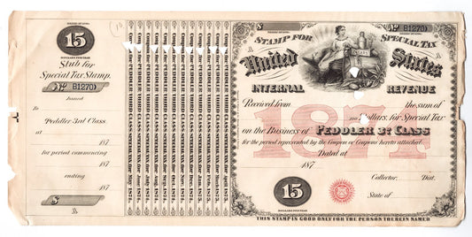 1874 United States Internal Revenue Special Tax stamp for Cigar Tobacco Peddler Third Class, large engraved IRS document with ornate vignette and red overprint