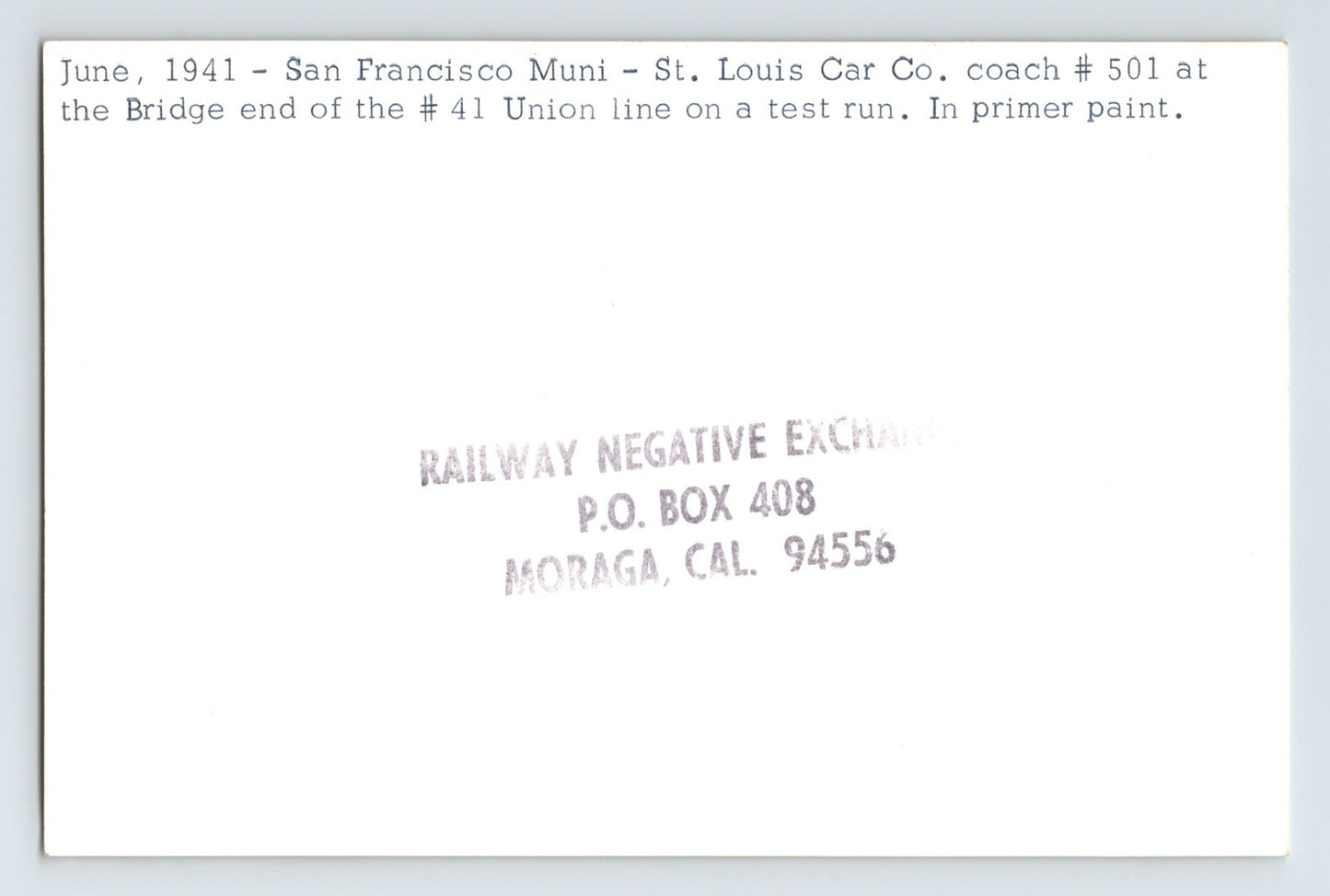 San Francisco Municipal Railway 41 Union St Louis Car Coach 501 1941 Photo 4 x 6