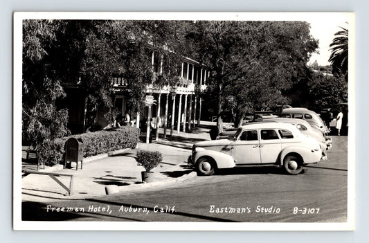Auburn California Freeman Hotel street scene automobiles Eastmans Studio photo Postcard