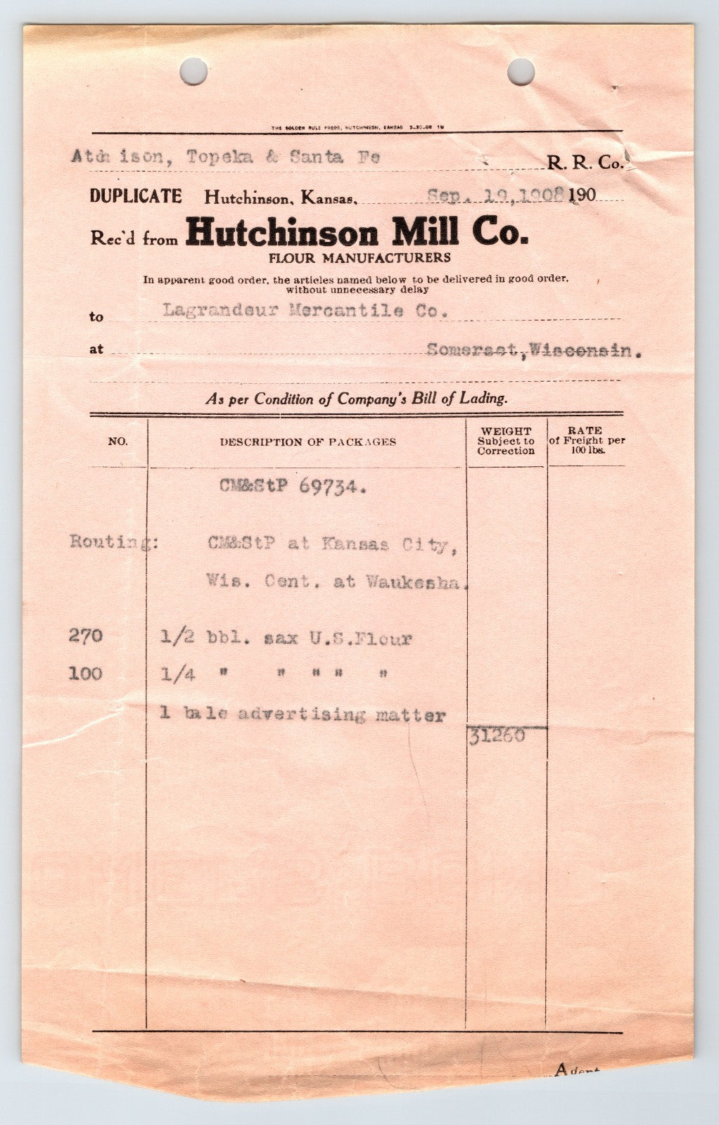 Hutchinson Kansas 1908 Hutchinson Mill Company Billhead 9 x 6