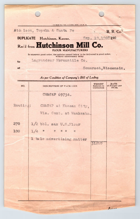 Hutchinson Kansas 1908 Hutchinson Mill Company Billhead 9 x 6