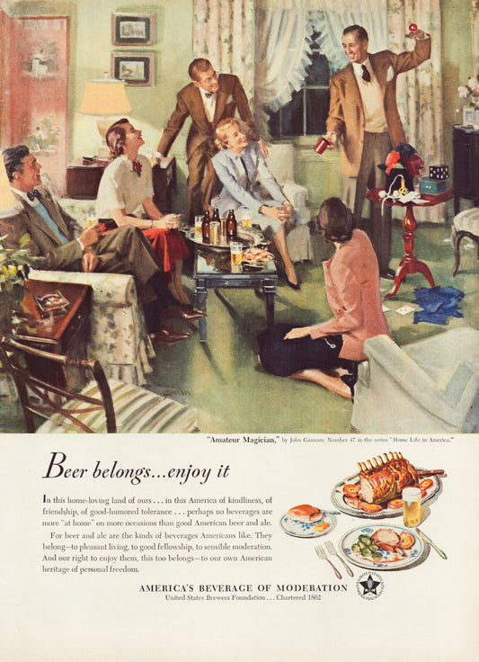 Beer Belongs 1950 print ad living room party amateur magician group scene