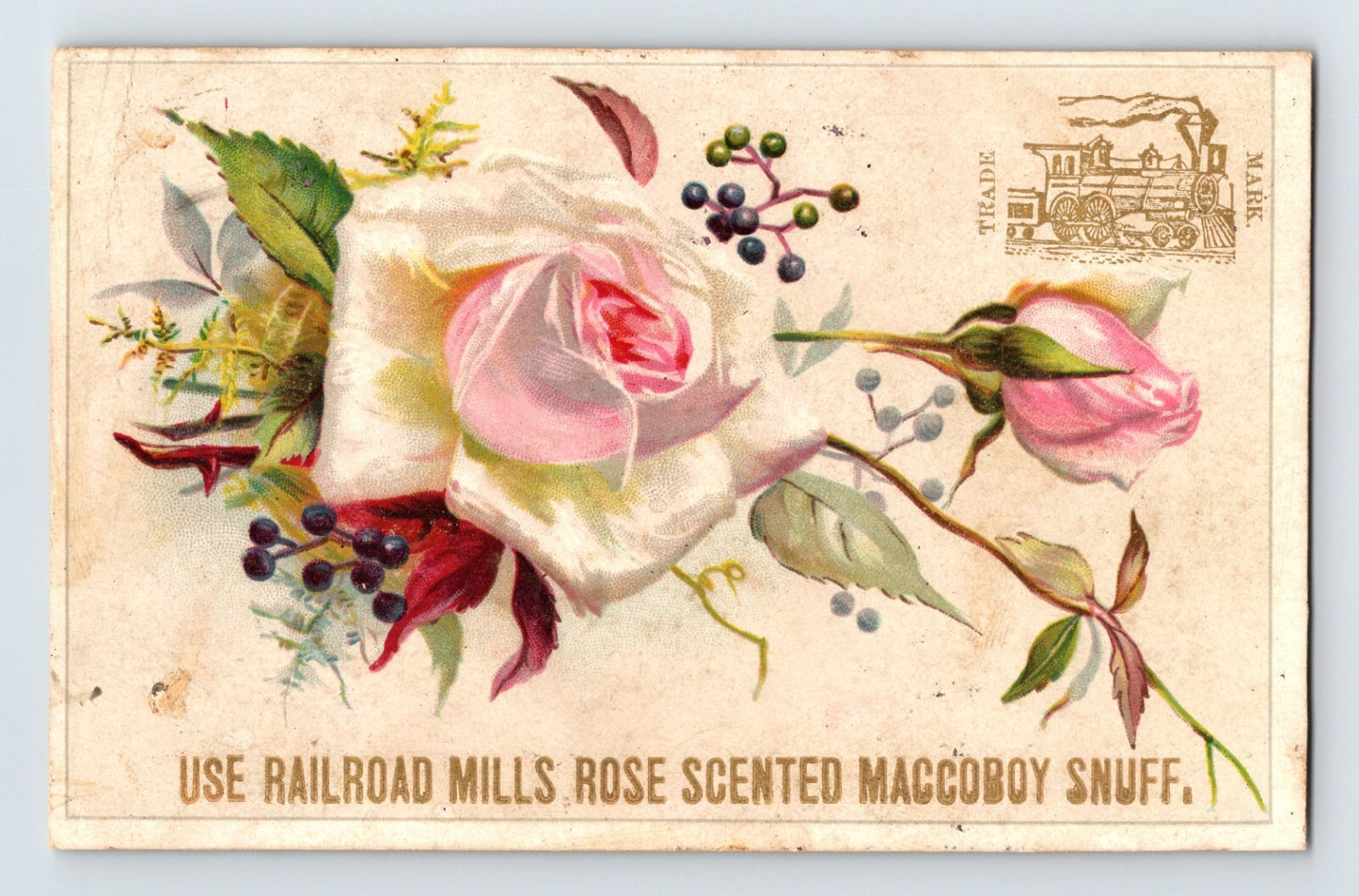 Railroad Mills Rose Scented Maccoboy Snuff 1890s Floral Trade Card