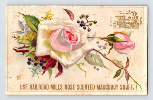 Railroad Mills Rose Scented Maccoboy Snuff 1890s Floral Trade Card