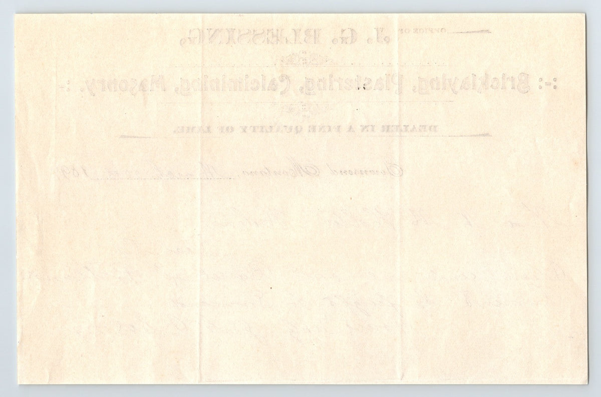 Townsend Montana 1897 J G Blessing Bricklaying Masonry Billhead 8.5 x 5.5