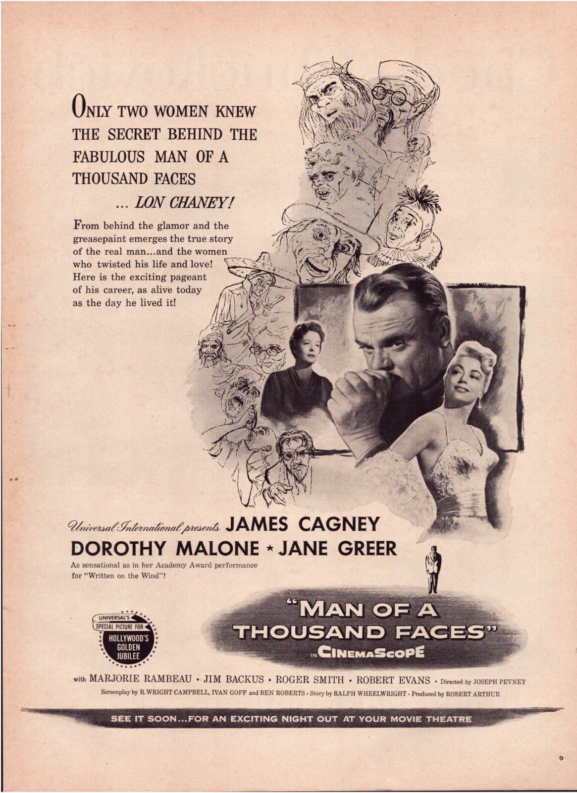 Man of a Thousand Faces 1957 film print ad James Cagney Lon Chaney biopic