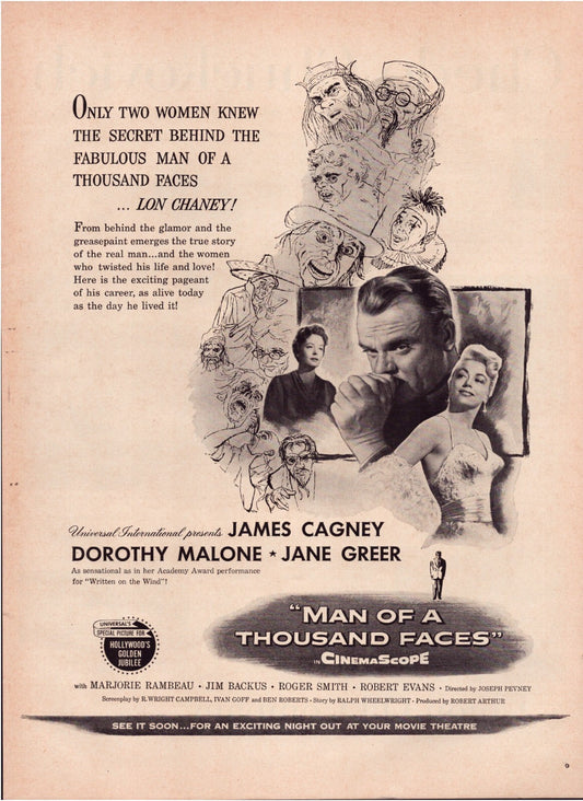 Man of a Thousand Faces 1957 film print ad James Cagney Lon Chaney biopic