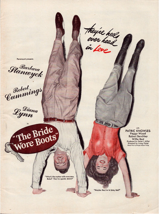 Bride Wore Boots film 1946 Barbara Stanwyck Robert Cummings print ad upside down pose