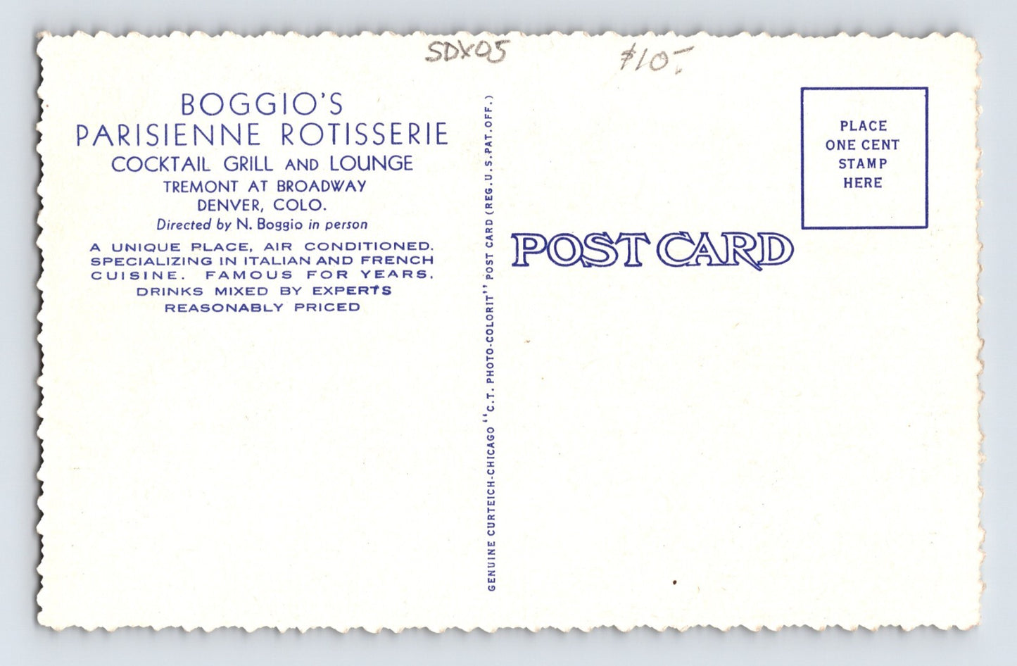 Denver Colorado Boggio's Parisienne Restaurant 1940s Linen Postcard Unposted