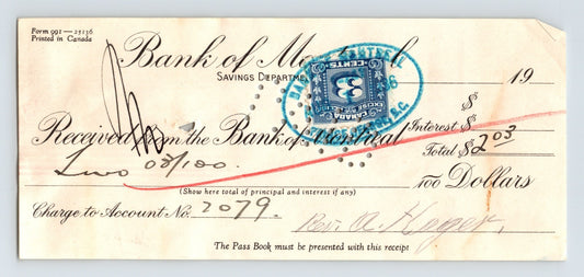 Bank of Montreal Canada money order receipt 1936 blue revenue stamp financial document 2.75 x 6