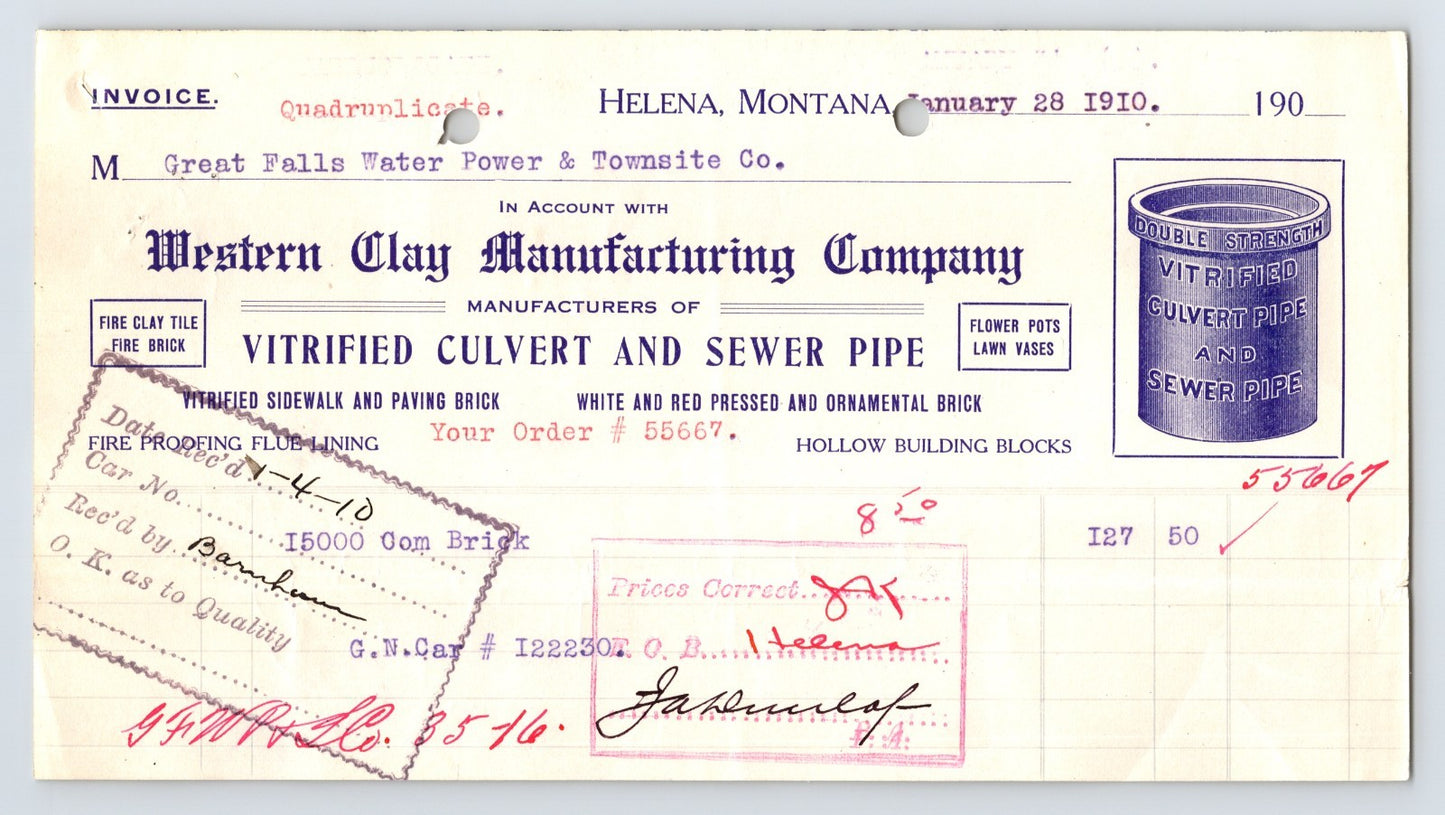 1910 Helena Montana Western Clay Manufacturing Company Vitrified Culvert Sewer Pipe Invoice 8 x 4.5