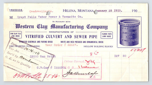 1910 Helena Montana Western Clay Manufacturing Company Vitrified Culvert Sewer Pipe Invoice 8 x 4.5